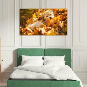 Картина на холсте 60x110 LinxOne "Собака осень листья" интерьерная для дома / на стену / на кухню / с подрамником