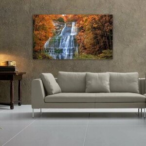 Картина на холсте 60x110 LinxOne "Водопад лес осень" интерьерная для дома / на стену / на кухню / с подрамником