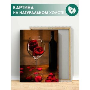Картина на холсте для интерьера роза и бокал вина (1) 50х70 см
