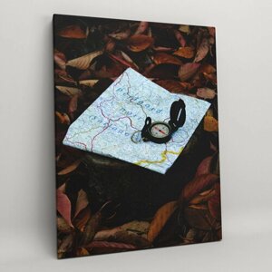 Картина на холсте (интерьерный постер) Компас и карта" путешествия, с деревянным подрамником, размер 30x40 см