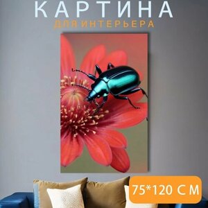Картина на холсте любителям природы "Насекомые, жук, зеленый на красном цветке" на подрамнике 75х120 см. для интерьера