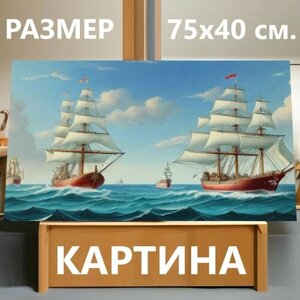 Картина на холсте "Морской пейзаж с кораблем рисунок, " на подрамнике 75х40 см. для интерьера