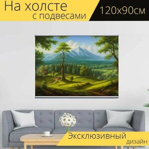 Картина на холсте "Пейзаж с лесом вдалеке, " с подвесами 120х90 см. для интерьера на стену