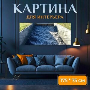 Картина на холсте "Водопад, вода, трава" на подрамнике 175х75 см. для интерьера