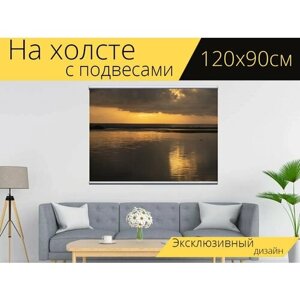 Картина на холсте "Заход солнца, океан, море" с подвесами 120х90 см. для интерьера