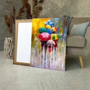 Картина на холсте (зонтики разноцветные масляная живопись абстрактные дождем) 50x70 см/для интерьера/в комнату/на стену/в подарок