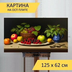 Картина на ОСП "Натюрморт с тарелкой и фруктами, " 125x62 см. для интерьера на стену