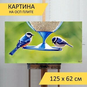 Картина на ОСП "Птицы на кормушке, в стиле акварель" 125x62 см. для интерьера на стену