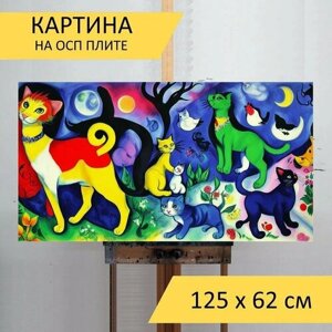 Картина на ОСП "С кошками шагал, " 125x62 см. для интерьера на стену