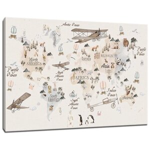 Картина Уютная стена "Стильная детская карта с животными на английском языке" 90х60 см