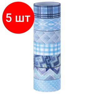 Комплект 5 шт, Клейкие WASHI-ленты для декора оттенки синего, 15 мм х 3 м, 7 цветов, рисовая бумага, остров сокровищ, 661703