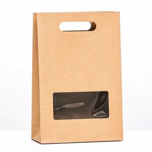 Коробка-пакет, крафт с окном и ручкой, 30 х 20 х 8 см (5 шт)