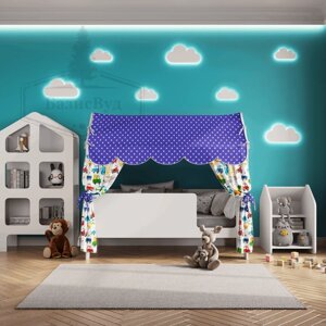 Кровать детская домик с текстилем (синий, с машинками, вход справа) Базовый"