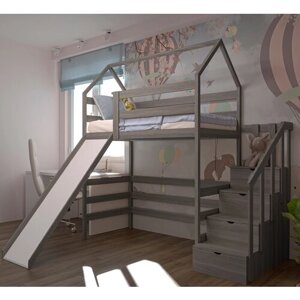 Кровать детская, подростковая "Чердак с лестницей-комодом и горкой", 160х80, масло "Асфальт", из массива