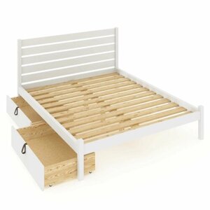 Кровать двуспальная Классика из массива сосны с реечным основанием и высокой спинкой, 160х200 см, с двумя выкатными ящиками, цвет белый