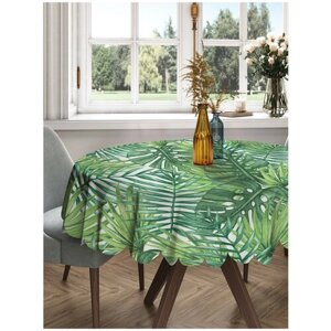 Круглая скатерть на кухонный и праздничный стол JoyArty "Тропические листья" из сатена, диаметр 150 см