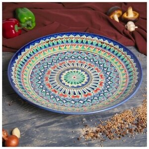 Ляган круглый, диаметр 41 см, коричнево-красно-синий орнамент, блюдо из керамики, узбекская посуда