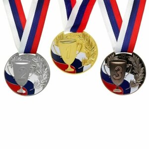 Медаль призовая 013 диам 5 см. 3 место, триколор. Цвет бронз. С лентой (комплект из 12 шт)