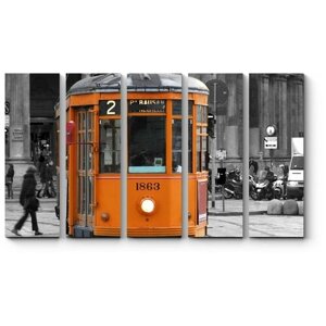 Модульная картина Оранжевый трамвай на сером городском фоне180x108
