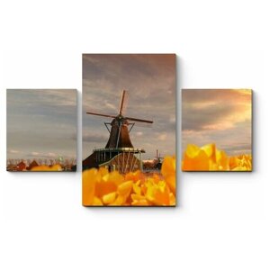 Модульная картина Ветряная мельница и желтые тюльпаны на закате 160x104