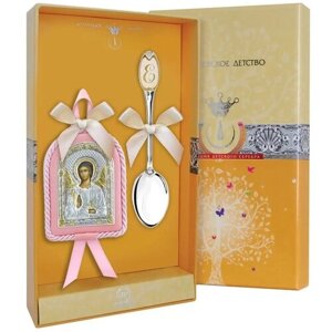 Набор детский "Ангел Хранитель"икона розовая, ложка с позолотой с "Е"Серебро 925)