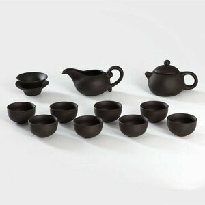Набор для чайной церемонии керамический «Глина», 11 предметов: 8 пиал 50 мл, чайник, молочник, ступка, цвет коричневый (комплект из 2 шт)