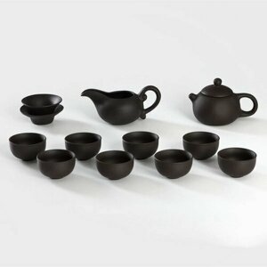 Набор для чайной церемонии керамический "Глина", 11 предметов: 8 пиал, чайник, молочник, ступка, цвет коричневый