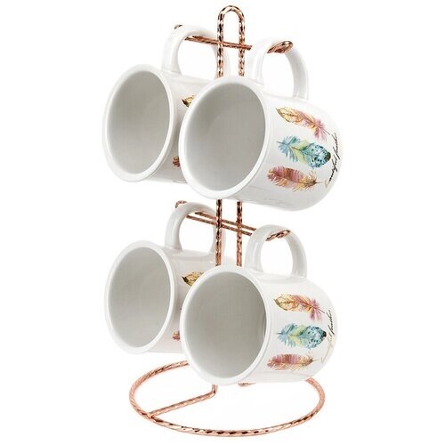 Набор кружек керамических Nouvelle Перо 300 мл, чашки для чая и кофе на металлической подставке