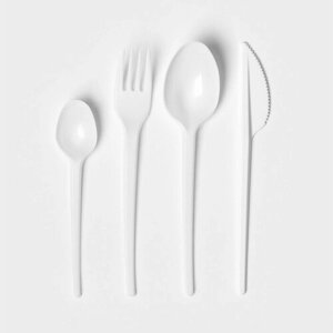 Набор пластиковых одноразовых столовых приборов, 4 предмета: вилка, ложка столовая, нож, ложка чайная, 16,5 см, цвет белый (10 шт.)