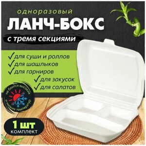 Одноразовый контейнер с крышкой для хранения продуктов в холодильнике, ланч-бокс для суши, для еды с собой, 3 секции, 1 шт.
