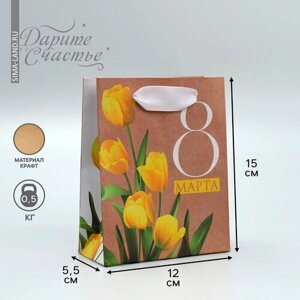 Пакет подарочный крафтовый вертикальный, упаковка, «Тюльпаны», S 12 х 15 х 5,5 см