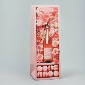 Пакет подарочный под бутылку, упаковка, «Розовое настроение», 9 х 25 х 8.9 см