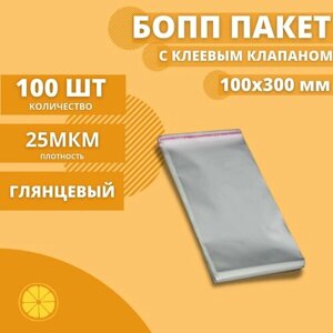 Пакеты фасовочные с клеевым клапаном 100*300+30мм. 25 мкм. (100 шт.)