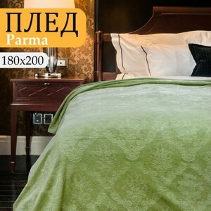 Плед 180х200 2-спальный Cleo Parma оливковый, покрывало на кровать и диван пушистое с рисунком, велсофт