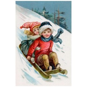Постер на холсте Дети катаются на санках (Children sledding) 50см. x 76см.