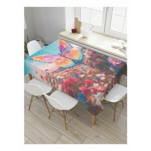 Прямоугольная тканевая скатерть на стол JoyArty с рисунком "Бабочка в поле" 120 на 145 см, серия 8 марта