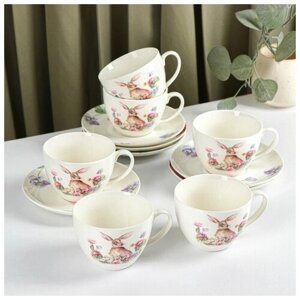 Сервиз фарфоровый чайный "Зайка", 12 предметов: 6 чашек 250 мл, 6 блюдец d=15 см, цвет белый
