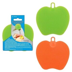 Щетка силиконовая для мытья посуды, овощей и фруктов Мультидом Вкусное яблоко, зеленый/оранжевый
