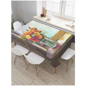 Скатерть прямоугольная JoyArty на кухонный стол "Ваза цветов на подоконнике" из оксфорда, 180x145 см