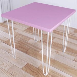 Стол кухонный Loft с квадратный столешницей розового цвета из массива сосны 40 мм и белыми ножками-шпильками, 70x70х75 см
