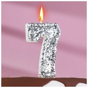 Свеча в торт «Блестки», цифра "7", серебро, 5,5 см