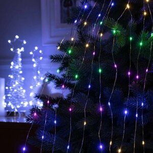 Светодиодная гирлянда дождь "Конский хвост" 10 нитей по 2 м, электрогирлянда на елку, интерьерное украшение, праздничное освещение Новый год, серебристая нить, 200 LED фонариков, мульти свечение, 12 В, IP20