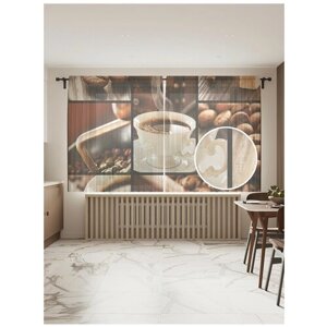 Тюль для кухни и спальни JoyArty "Кофейное блаженство", 2 полотна со шторной лентой шириной по 145 см, высота 180 см.