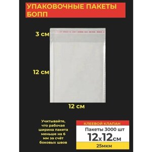 Упаковочные бопп пакеты с клеевым клапаном, 12*12 см, 3000 шт.