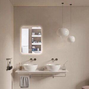 Зеркало для ванной Prisma 70*50 прямоугольное вертикальное c часами и подогревом