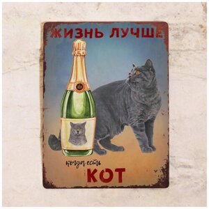 Жестяная табличка с надписью для интерьера дома Жизнь лучше, когда есть британский кот , подарок для дома владельцу кота , металл, 20х30 см