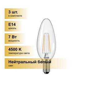 (3 шт.) Светодиодная лампочка General свеча E14 7W 4500K 4K 35x98 филамент (нитевидная), прозр. 646600