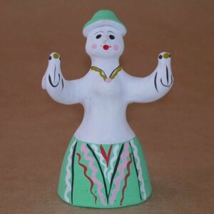 Берегиня в зеленой юбке -2, Каргопольская глиняная игрушка, ручная авторская работа
