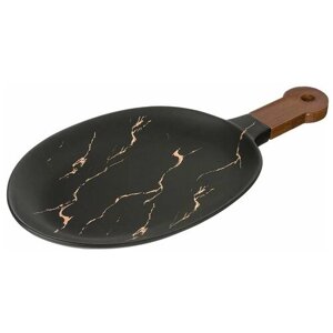 Блюдо для сервировки с деревянной ручкой коллекция золотой мрамор цвет: black 37,5*19*2, 4 см KSG-412-124