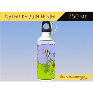 Бутылка фляга для воды "Аквариум, краб, рыбы" 750 мл. с карабином и принтом